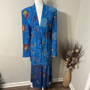 Vtg Andre Chateau 2Pc Set Blue Nautical Blazer Jacket & Pleated Midi Skirt Sz 8